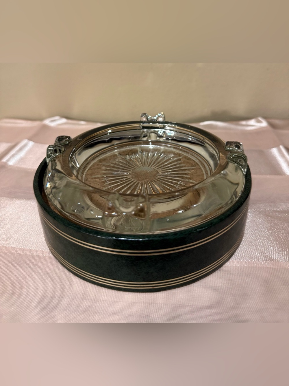 Mid Century Modern Clear Glass Sunburst Ashtray in Green & Gold Case